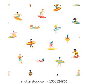 Surfing guys and girls on the surf boards catching waves in the sea ocean. Men and women with surfboards on the beach wearing shorts vector illustration cartoon clipart seamless pattern background