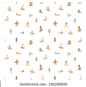 Surfing guys and girls on the surf boards catching waves in the sea ocean. Men and women with surfboards on the beach wearing shorts vector illustration cartoon clipart seamless pattern background