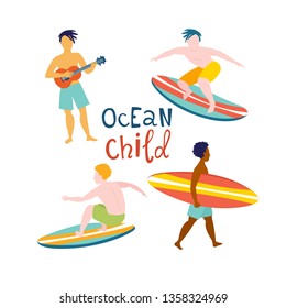 Surfing guys on the surf boards catching waves in the sea ocean. Man with surfboard on the beach wearing shorts vector illustration cartoon clipart