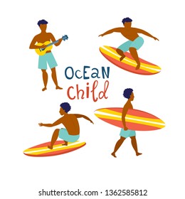 Surfing guys on the surf boards catching waves in the sea ocean. Man with surfboard on the beach wearing shorts vector illustration cartoon clipart
