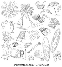 surfing hand draw doodles, various summer, excellent vector illustration, EPS 10