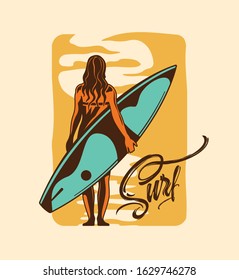 Surfing hand drawn background with young girl in swimsuit standing on shore of ocean and holding surfboard vector illustration