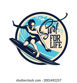 Surfing hand drawn emblem in retro style with young surfer on board vector illustration