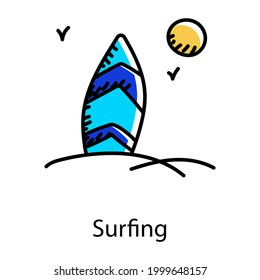 Surfing in hand drawn icon, entertainment and amusement