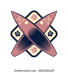 Surfing hand drawn retro square emblem with two surfboards vector illustration