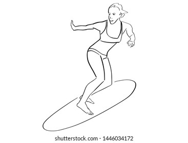 Surfing. Hand drawn silhouette of female surfer in swimsuit on surfboard. Active lifestyle outline. Isolated black contour.