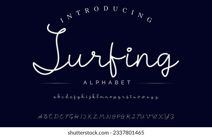 Surfing Hand drawn vector alphabet. Modern monoline signature script font. Elegant Signature Font. Best Alphabet Beautiful Calligraphy Signature Font lettering handwritten