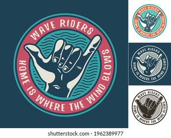 Surfing hand that shows surfer gesture shaka or aloha. Hawaii emblem for t-shirt beach design. Print set