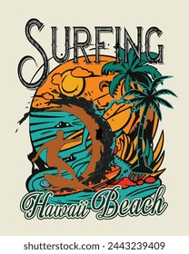Surfing hawaii beach, Summer t-shirt vector design