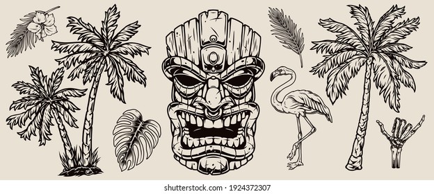 Surfing y hawaii concepto de elementos con flores exóticas hojas palmas tribal tiki máscara flamingo esqueleto mano mostrar el signo shaka en vintage monocromo ilustración vectorial aislada