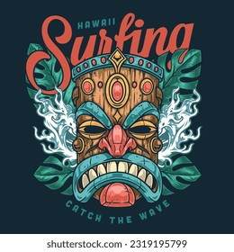 Surfing Hawai Island sticker colorido con el tótem Tiki y sale cerca del agua del mar para excursiones de promoción para viajeros ilustración vectorial