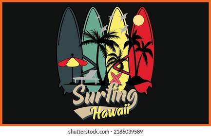 Surfing Hawaii Paradise Beach T-shirts Design.
