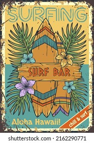 Surfen Sie hawaii Poster, Aloha Beach Sommer Druck mit Surfbrett und tropischen Blättern. Gutes Design