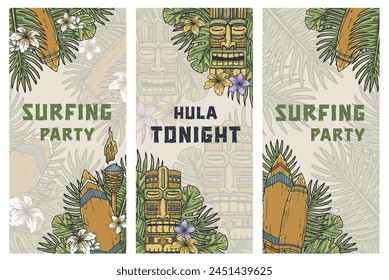 Surfing hawaii poster set, aloha beach summer print with surf board,tropical leaves for surfer. Good vibes surf design. Wooden tiki mask collection. Traditional ethnic idol. Tribal totem for tiki bar.