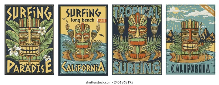 Surfing hawaii poster set, aloha beach summer print with surf board,tropical leaves for surfer. Good vibes surf design. Wooden tiki mask collection. Traditional ethnic idol. Tribal totem for tiki bar.