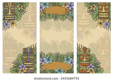 Surfing hawaii poster set aloha beach summer print with surf board, tropical leaves for surfer. Good vibes. Wooden tiki mask collection. Traditional ethnic idol. Tribal totem for tiki bar. Text space.