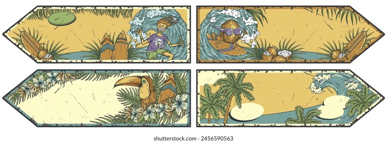 Surfing hawaii poster set, aloha beach summer print with surf board and tropical leaves for surfer. Good vibes surf design. Text space.