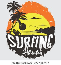Surfing Hawaii Resort, surf typography for t-shirt print , vector illustration, Beach Paradise Print T-shirt Graphics Design, typography slogan on palm beach sunset background vector illustration