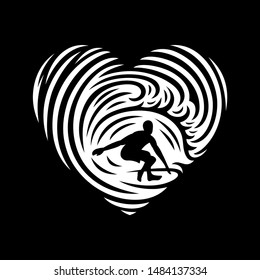 Surfing heart emblems, illustrations, t-shirt designs vector on black background