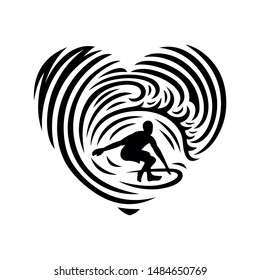 Surfing heart emblems, illustrations, t-shirt designs vector on white background