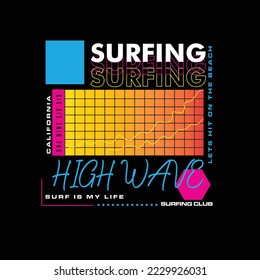 Surfing High wave California colourful typographic poster surf club typography modern beach surfing poster gradient graphic design vector t shirt print - Shutterstock ID 2229926031