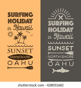 Surfing holiday in Hawaii vector emblems.