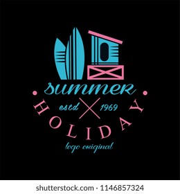 Surfing holiday logo original estd 1969, design element can be used for surf club, shop, t shirt print, emblem, badge, label, flyer, banner, poster vector Illustration