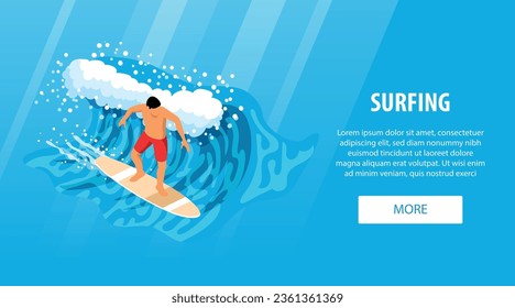 Surfing horizontal blue banner with sportsman on surfboard engaged in extreme summer water sport isometric vector illustration