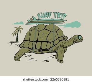 surfing humor vector drawing, turtle with surfing board vector illustration, summer beach print design, funny turtle vector with typography