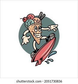 surfing ice cream cartoon vector design
