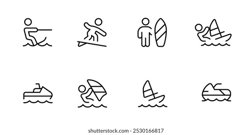 Surfing icon, nautical sports vector set design with Editable Stroke. Line, Solid, Flat Line, thin style and Suitable for Web Page, Mobile App, UI, UX design.