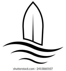 Surfing icon, sea waves and surfboard vertically active recreation logo