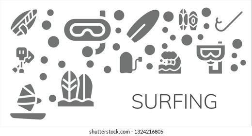 surfing icon set. 11 filled surfing icons.  Collection Of - Surfboard, Snorkel, Paddles, Surf, Windsurf, Wave