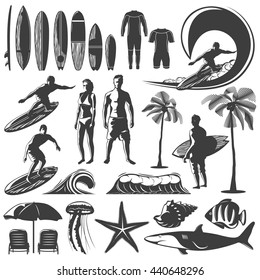 Surfing icon set with men and women on the beach equipment and accessories for diving vector illustration