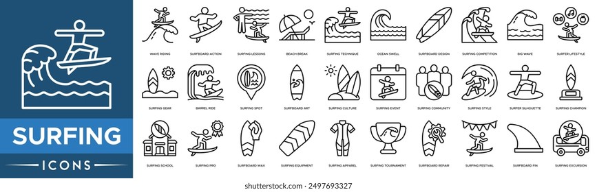 Surfing icon set. Wave Riding, Surfboard Action, Surfing Lessons, Beach Break, Surfing Technique, Ocean Swell, Surfboard Design, Surfing Competition and Big Wave