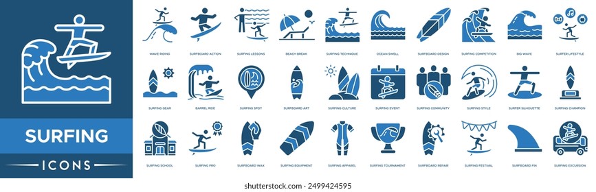 Surfing icon set. Wave Riding, Surfboard Action, Surfing Lessons, Beach Break, Surfing Technique, Ocean Swell, Surfboard Design, Surfing Competition and Big Wave