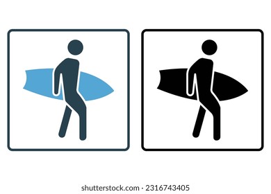 Surfing icon. surfer sign. icon related to water sport, summer. Solid icon style design. Simple vector design editable