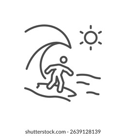 Surfing icon. Thin line editable stroke illustration for beach sport, wave riding, ocean lifestyle, coastal vacation and summer adventure