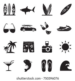 Surfing Icons. Black Flat Design. Vector Illustration. 