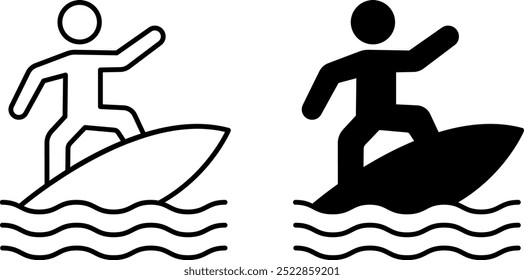 Iconos de surf. Iconos de vector blanco y negro. Atleta deslizándose sobre una ola de pie en un Tablero. Deporte acuático. Concepto de aventura y ocio activo