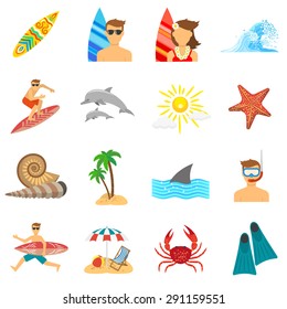 Surfing icons flat set with board beach and snorkeling isolated vector illustration