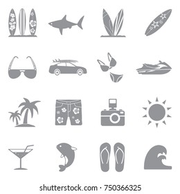 Surfing Icons. Gray Flat Design. Vector Illustration. 