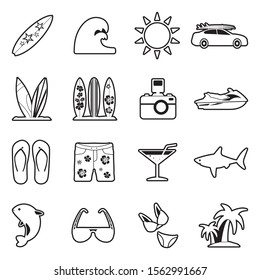 Surfing Icons. Line With Fill Design. Vector Illustration.