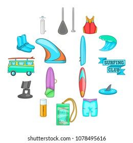 Surfing icons set. Cartoon illustration of 16 surfing vector icons for web