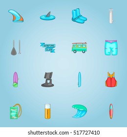 Surfing icons set. Cartoon illustration of 16 surfing vector icons for web