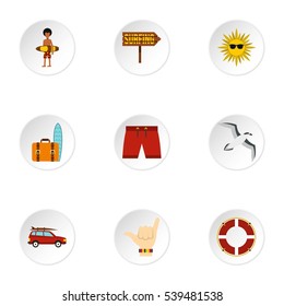 Surfing icons set. Flat illustration of 9 surfing vector icons for web