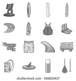 Surfing icons set. Gray monochrome illustration of 16 surfing vector icons for web