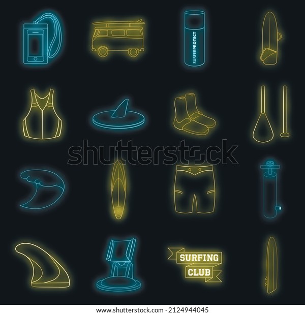 Surfing icons set. Illustration of 16 surfing\
vector icons neon color on\
black