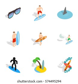 Iconos de surf establecidos. Isomtric 3d ilustración de 9 iconos vectoriales de surf para web