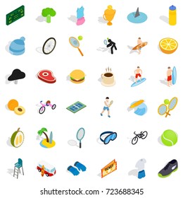 Surfing icons set. Isometric style of 36 surfing vector icons for web isolated on white background